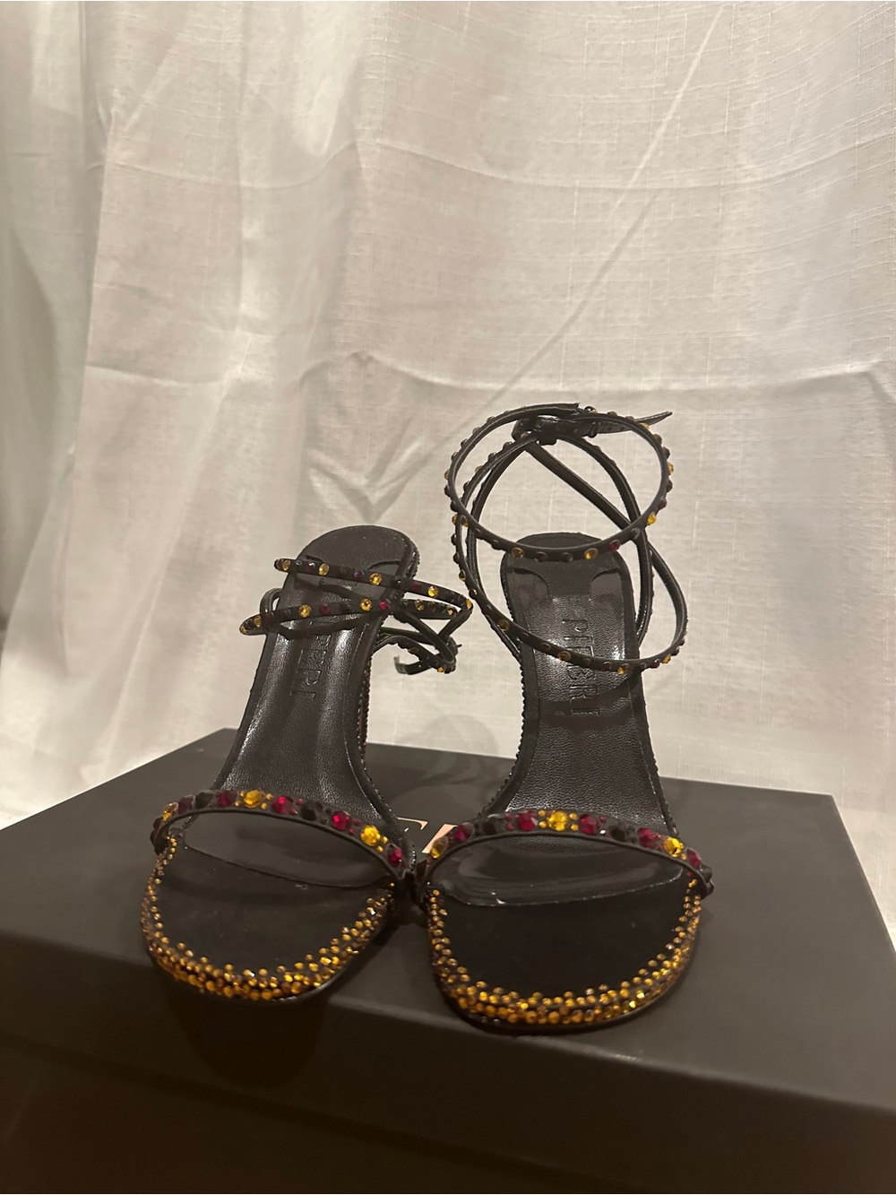Black Jewel-Embellished Ankle-Strap Heels
